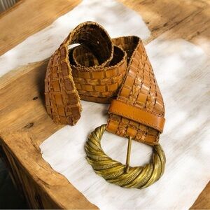 Wide Brown Woven Leather Bracelet with Gold Accents